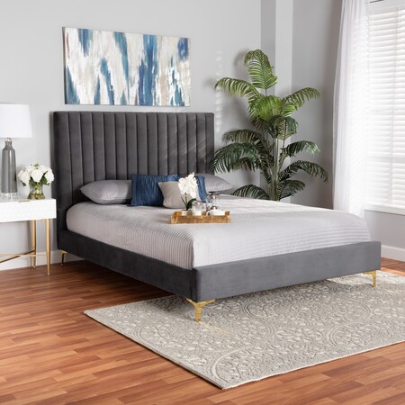 Baxton Studio Serrano Glam and Luxe Grey Velvet Upholstered and Gold Metal Full Size Platform Bed 215-10943-ZORO